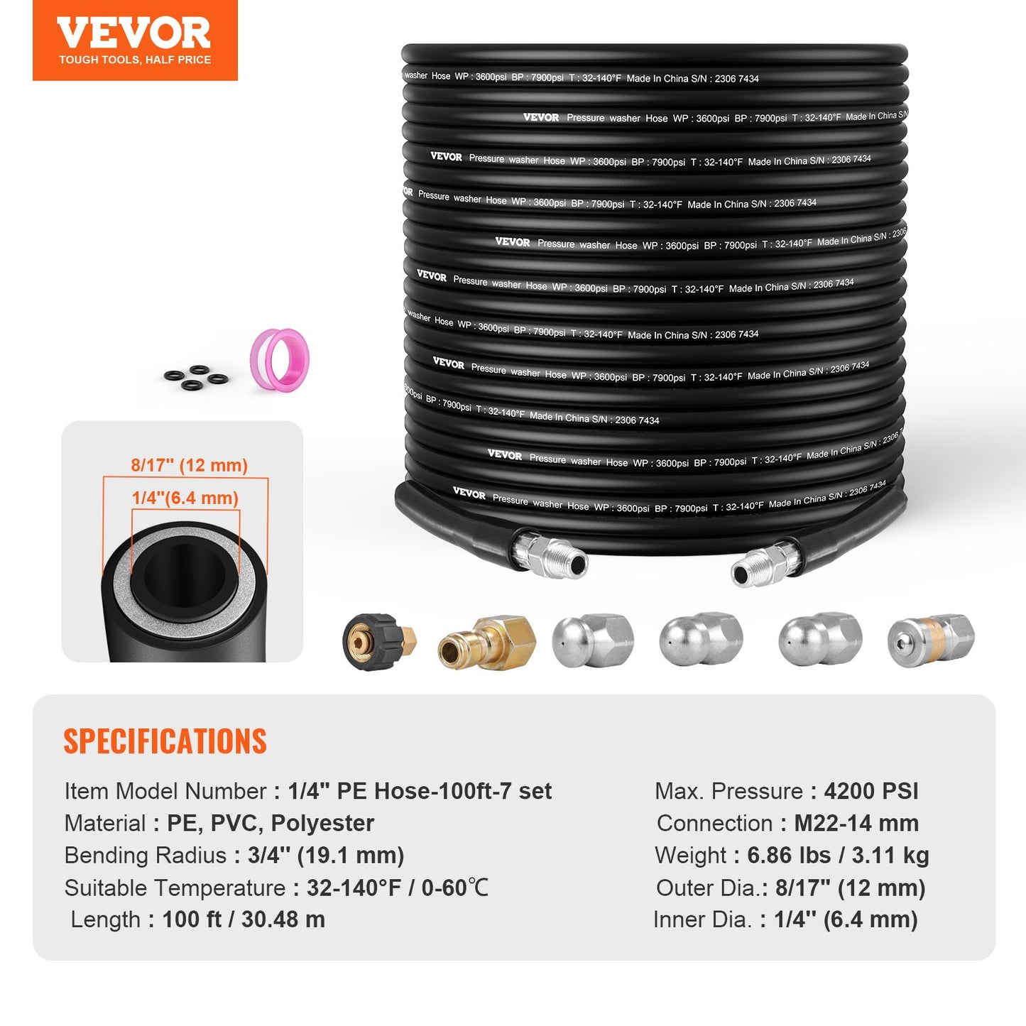 VEVOR Pressure Washer Hose, 100FT, 1/4" Kink Free Brass Thread Replacement For Most