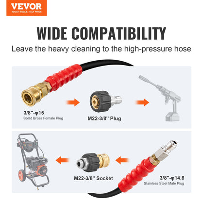 VEVOR Pressure Washer Hose, 100FT, Kink Free 3/8"-φ14.8 Male, 3/8"-φ15 Female For