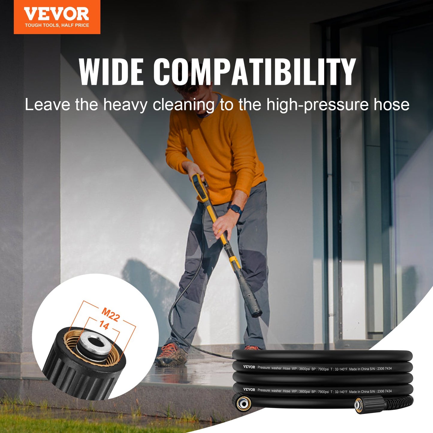 VEVOR Pressure Washer Hose, 25 FT, 1/4" Kink Free M22-14mm Brass Thread Replacement