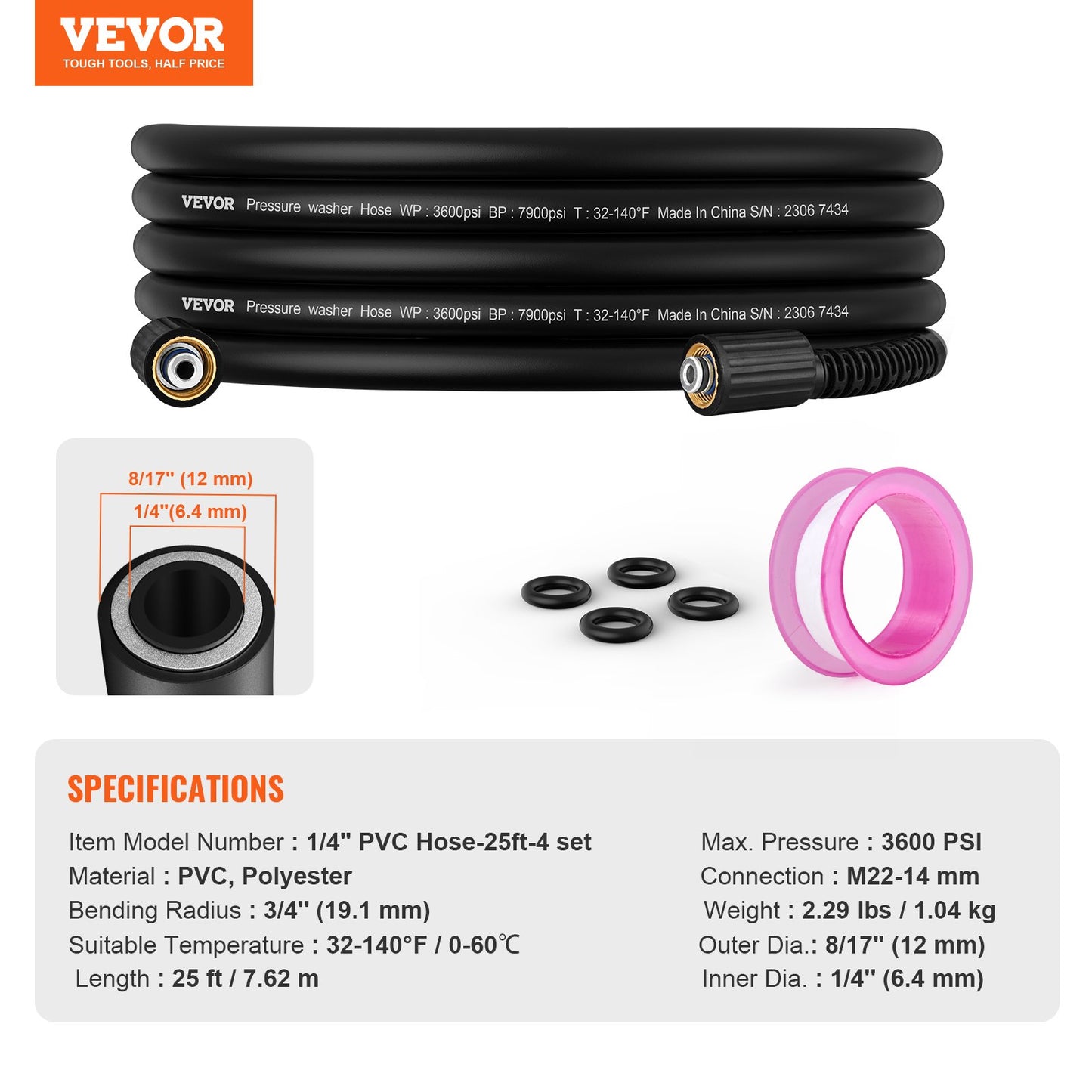 VEVOR Pressure Washer Hose, 25 FT, 1/4" Kink Free M22-14mm Brass Thread Replacement