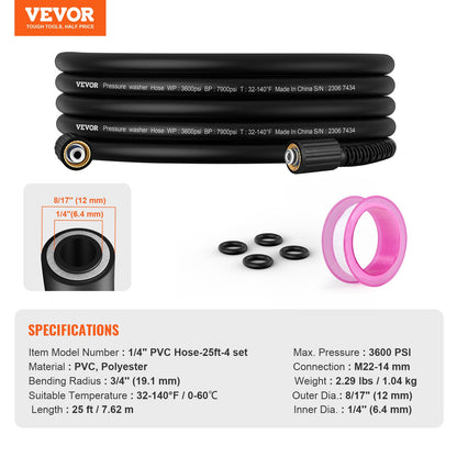 VEVOR Pressure Washer Hose, 25 FT, 1/4" Kink Free M22-14mm Brass Thread Replacement