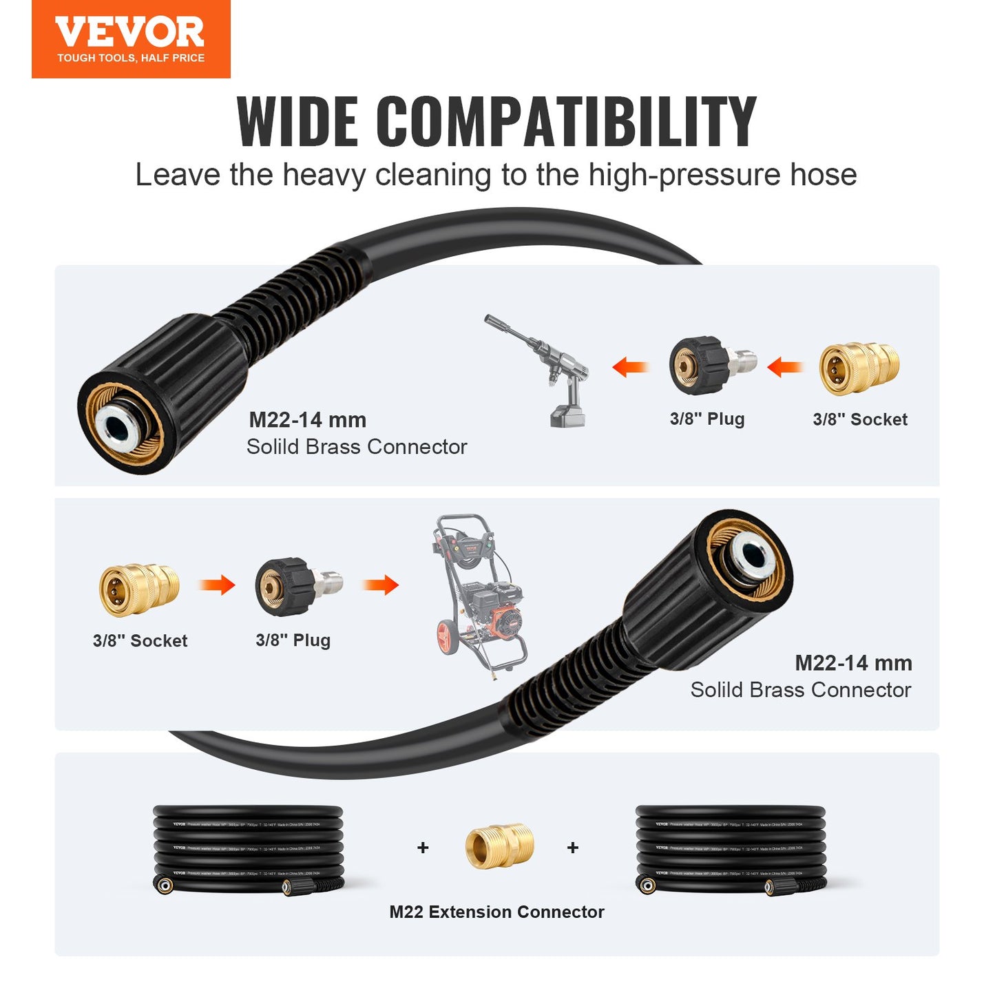 VEVOR Pressure Washer Hose, 50 FT, 1/4" Kink Free M22-14mm Brass Thread Replacement