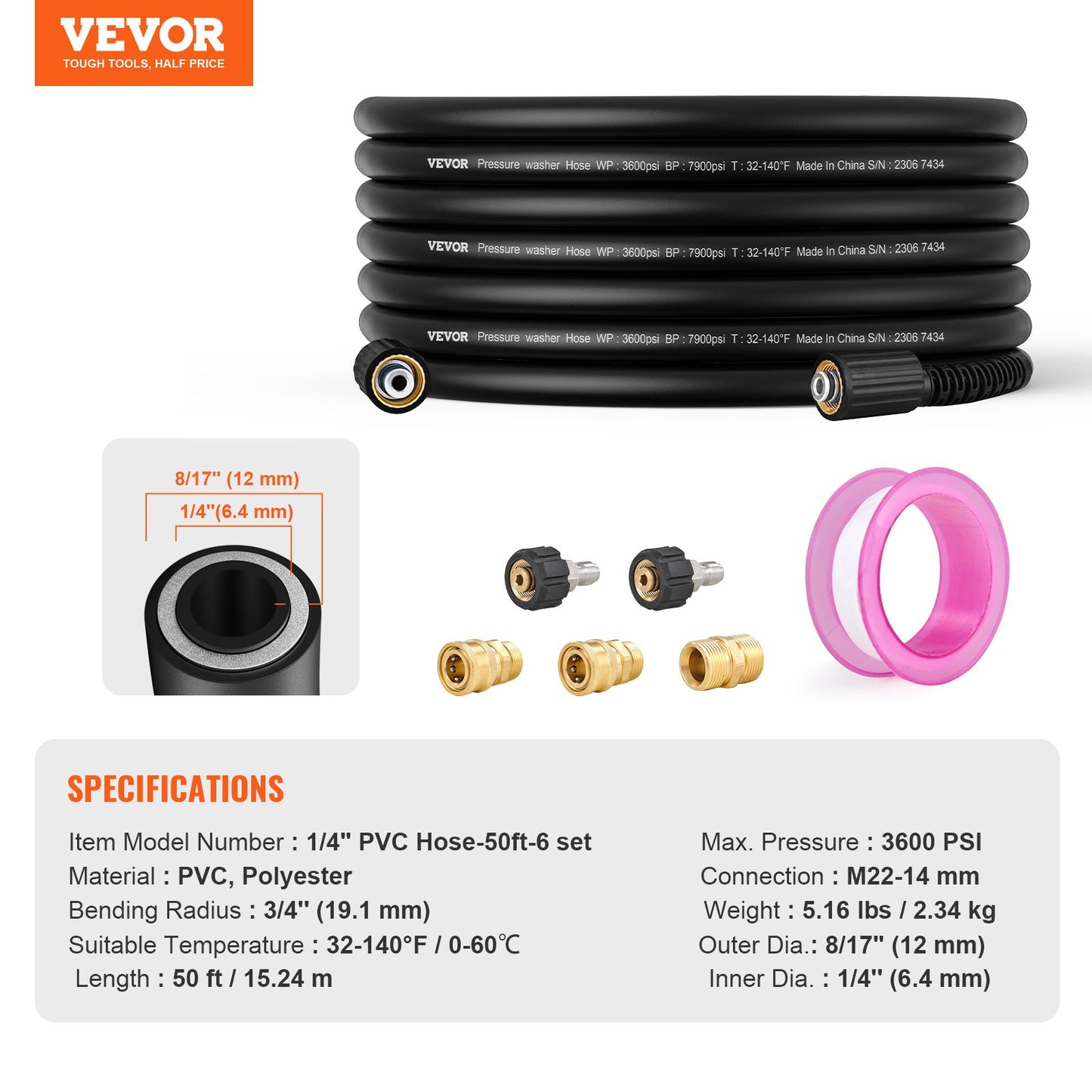 VEVOR Pressure Washer Hose, 50 FT, 1/4" Kink Free M22-14mm Brass Thread Replacement