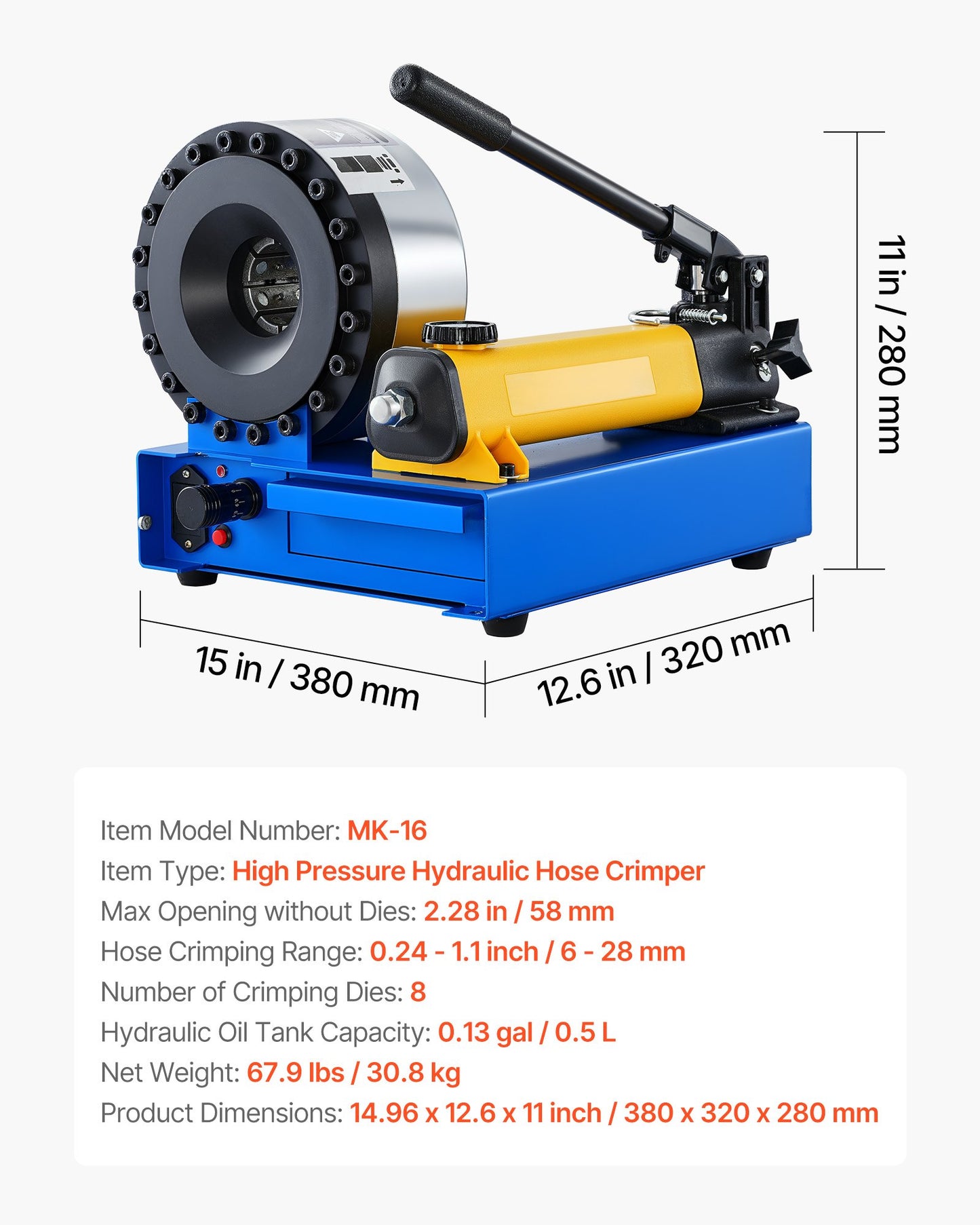 High Pressure Hydraulic Hose Crimper, Manual Hose Crimping Tool with 8 Dies & 6-28mm Crimping Range, Suitable for Low & High-Pressure Oil Pipes, Gas/Water/Auto AC Hoses & Cable Joints
