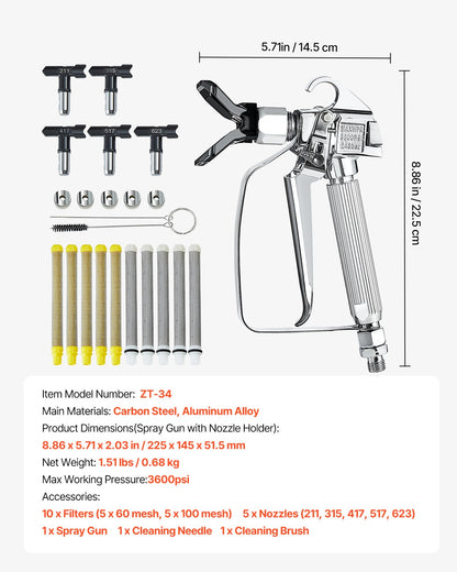 VEVOR Airless Paint Spray Gun 3600PSI High Pressure Airless Spray Gun with 5Tips