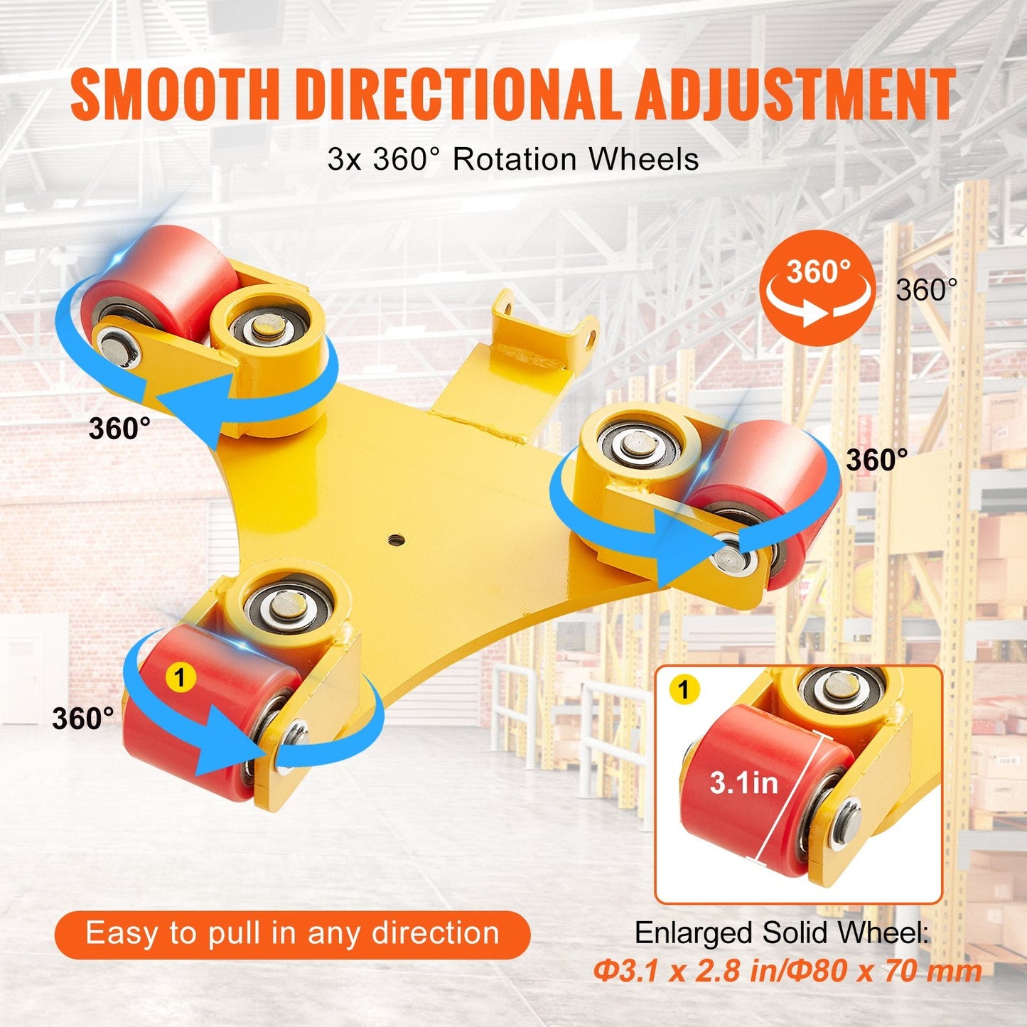 Heavy-Duty 3T Machinery Mover with Handle, Carbon Steel, 3 Swivel PU Wheels