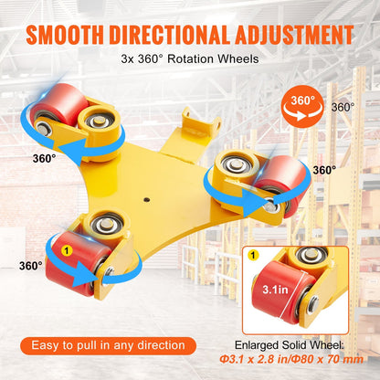 Heavy-Duty 3T Machinery Mover with Handle, Carbon Steel, 3 Swivel PU Wheels
