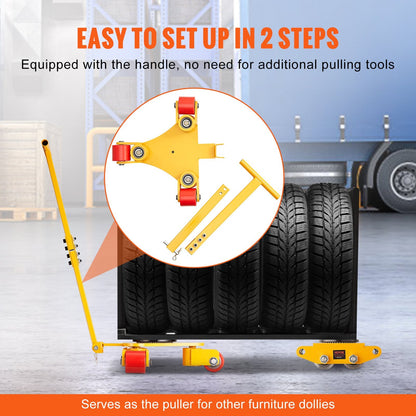 Heavy-Duty 3T Machinery Mover with Handle, Carbon Steel, 3 Swivel PU Wheels