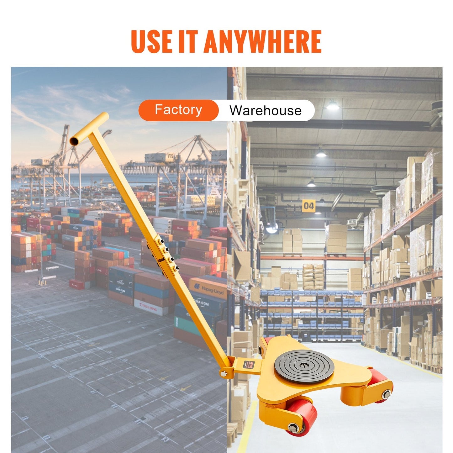 Heavy-Duty 3T Machinery Mover with Handle, Carbon Steel, 3 Swivel PU Wheels