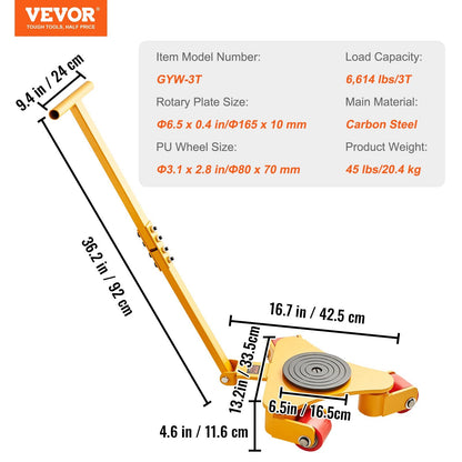 Heavy-Duty 3T Machinery Mover with Handle, Carbon Steel, 3 Swivel PU Wheels