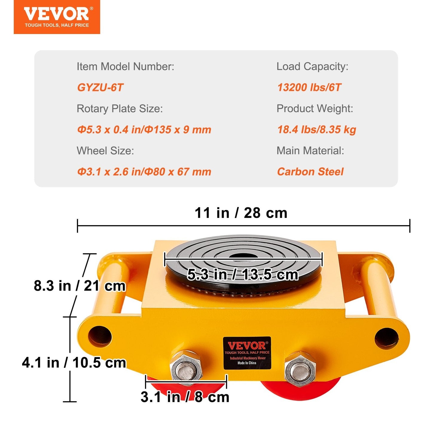 Heavy-Duty Carbon Steel Machinery Mover with 6T Load Capacity and 4 PU Wheels