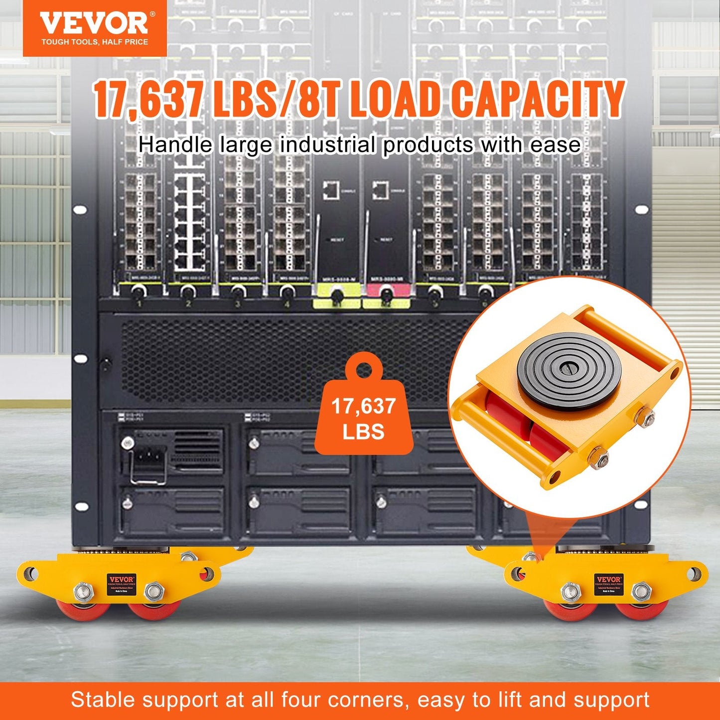 4-Piece Heavy Duty Machinery Mover, 8T Capacity, with 360° Rotating PU Wheels