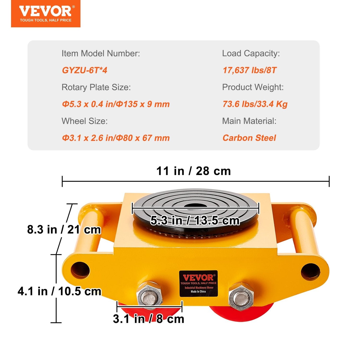 4-Piece Heavy Duty Machinery Mover, 8T Capacity, with 360° Rotating PU Wheels