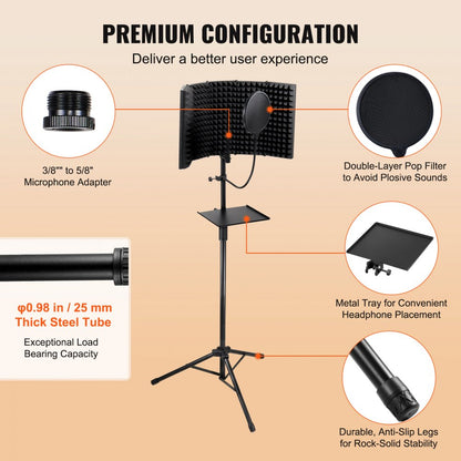 VEVOR Microphone Isolation Shield 5-Panel with Pop Filter Floor Tripod Stand