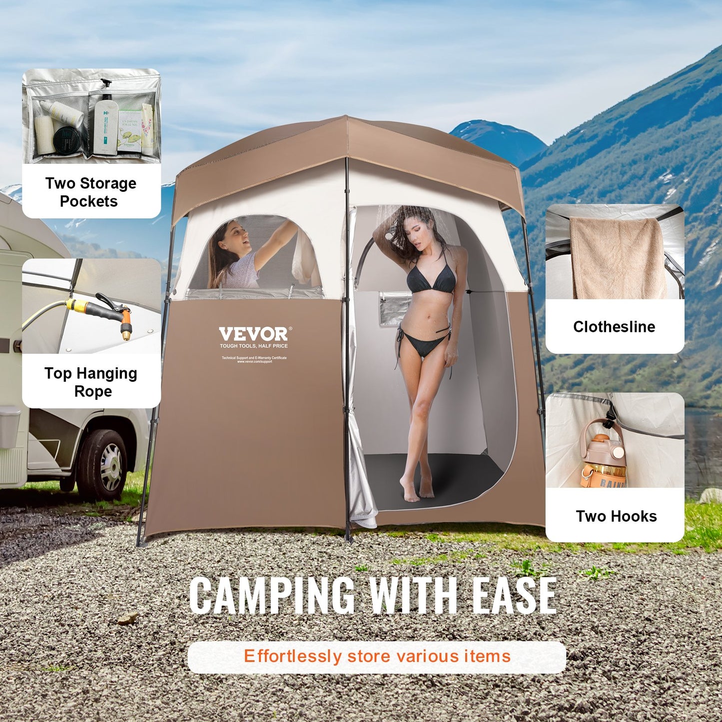 VEVOR Camping Shower Tent, 83" x 42" x 83" 2 Rooms Oversize Outdoor Portable Shelter,