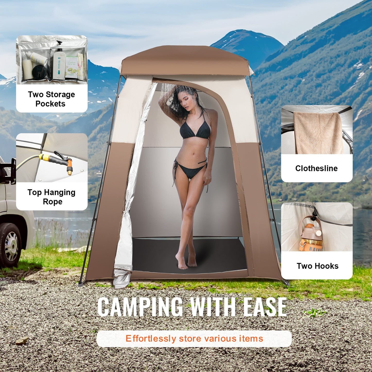 VEVOR Camping Shower Tent, 66" x 66" x 87" 1 Room Oversize Outdoor Portable Shelter,