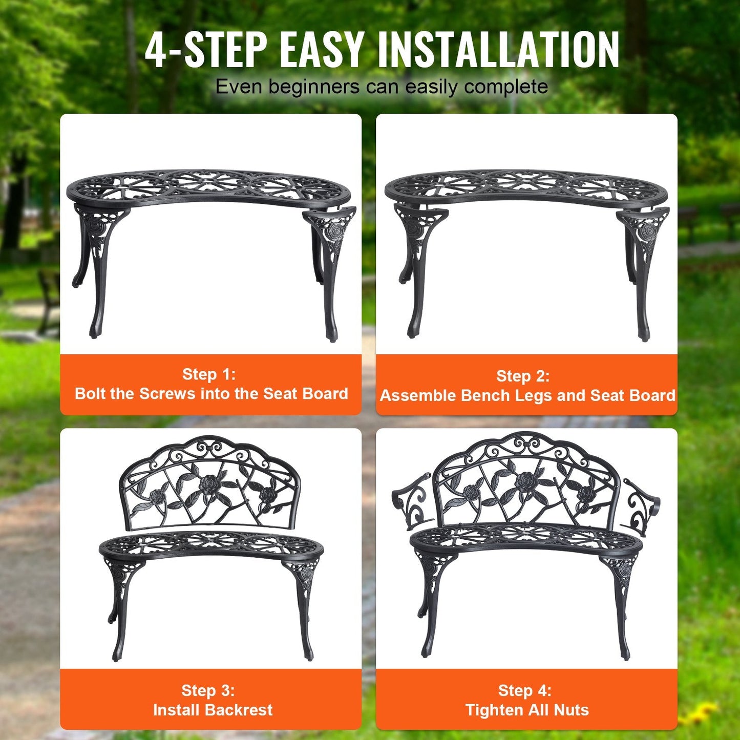 Durable Metal Garden Bench with Backrest, 98.5 cm, 218 kg Capacity