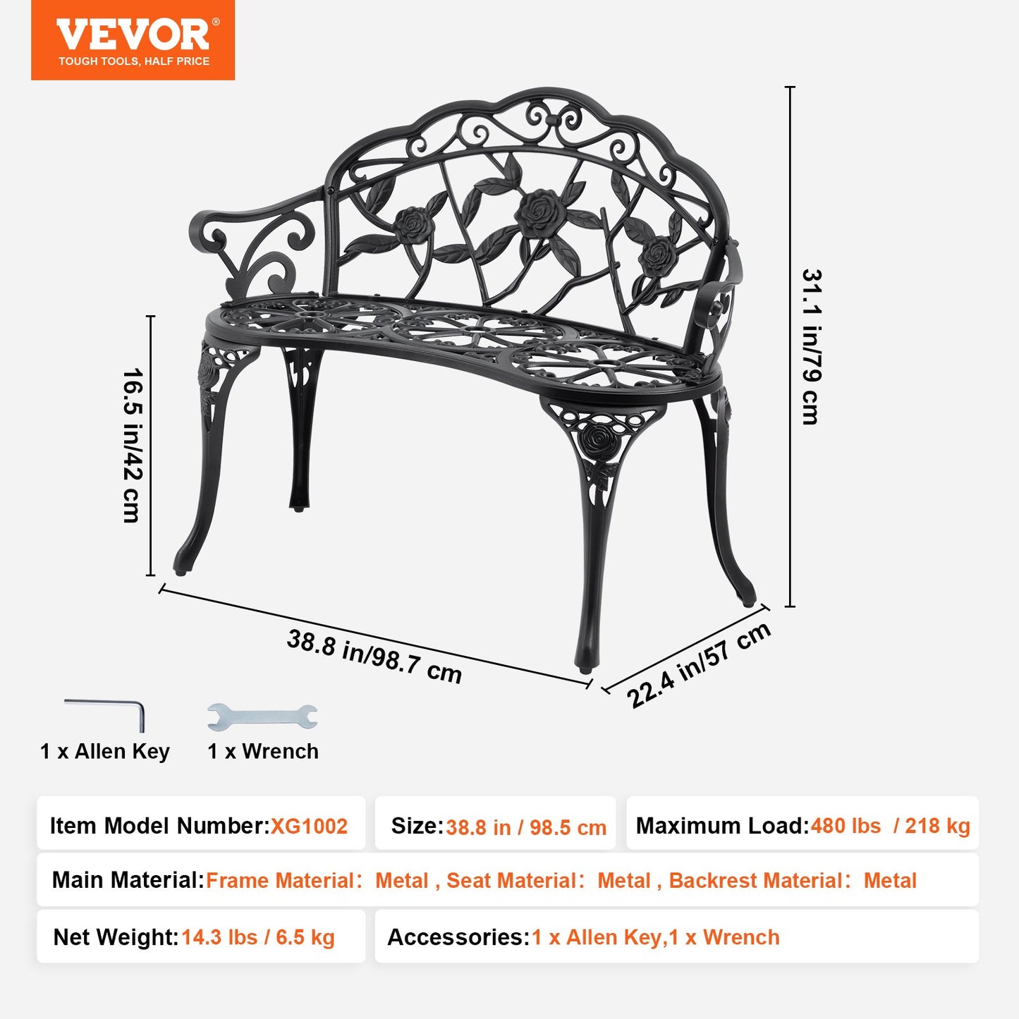 VEVOR Outdoor Bench, 38.8 inches Metal Garden Bench for Outdoors, 480 lbs Load Capacity
