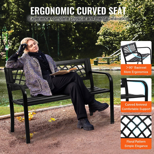 Outdoor Metal Garden Bench, 117 cm, 218 kg Capacity, with Backrest & Armrests