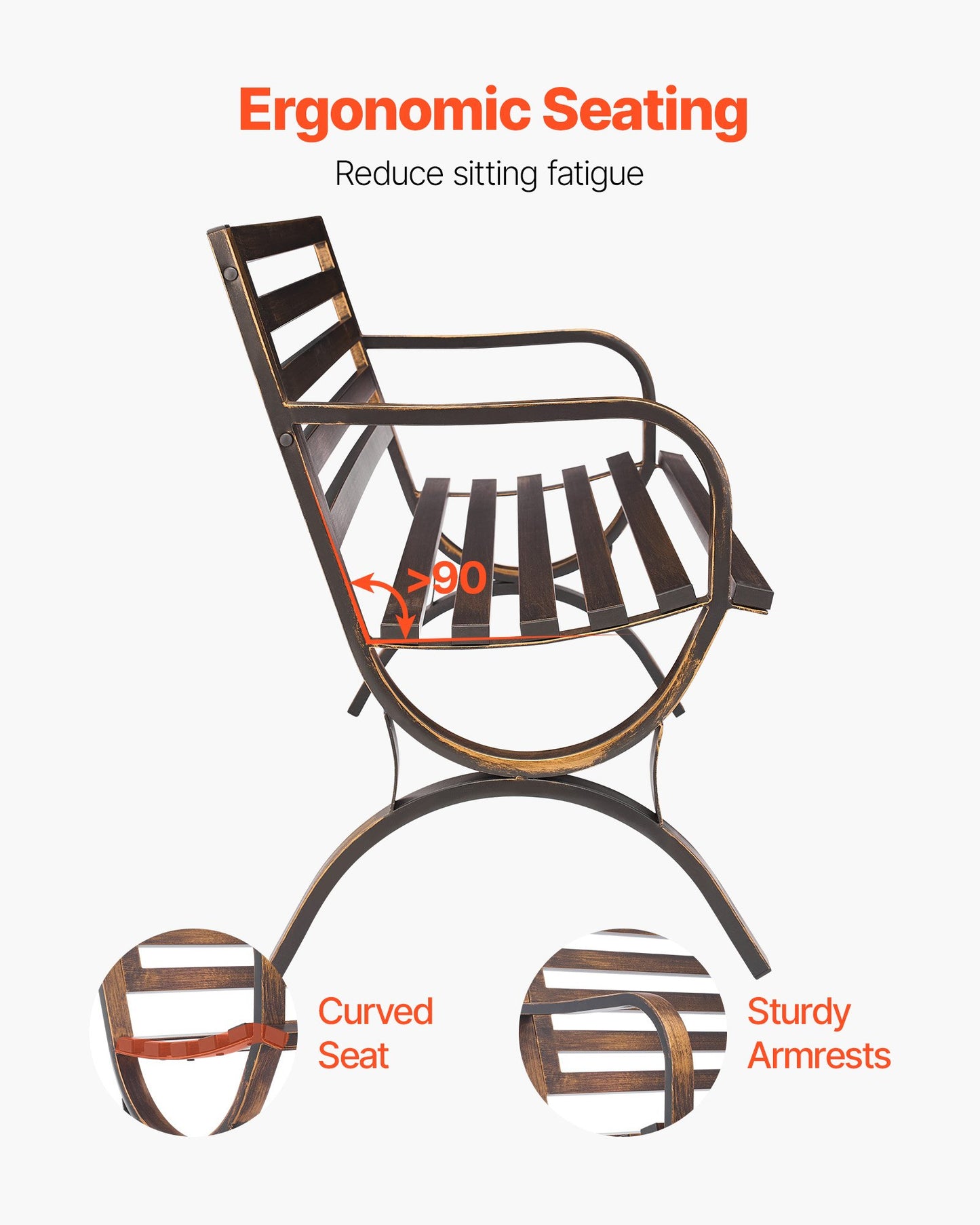 Outdoor Bench, 127 cm, Carbon Steel Metal Frame with Slatted Pattern Backrest and Round Edge Armrests, Weatherproof Outside Bench for Patio, Garden, Park, Yard, Front Porch, Antique Bronze
