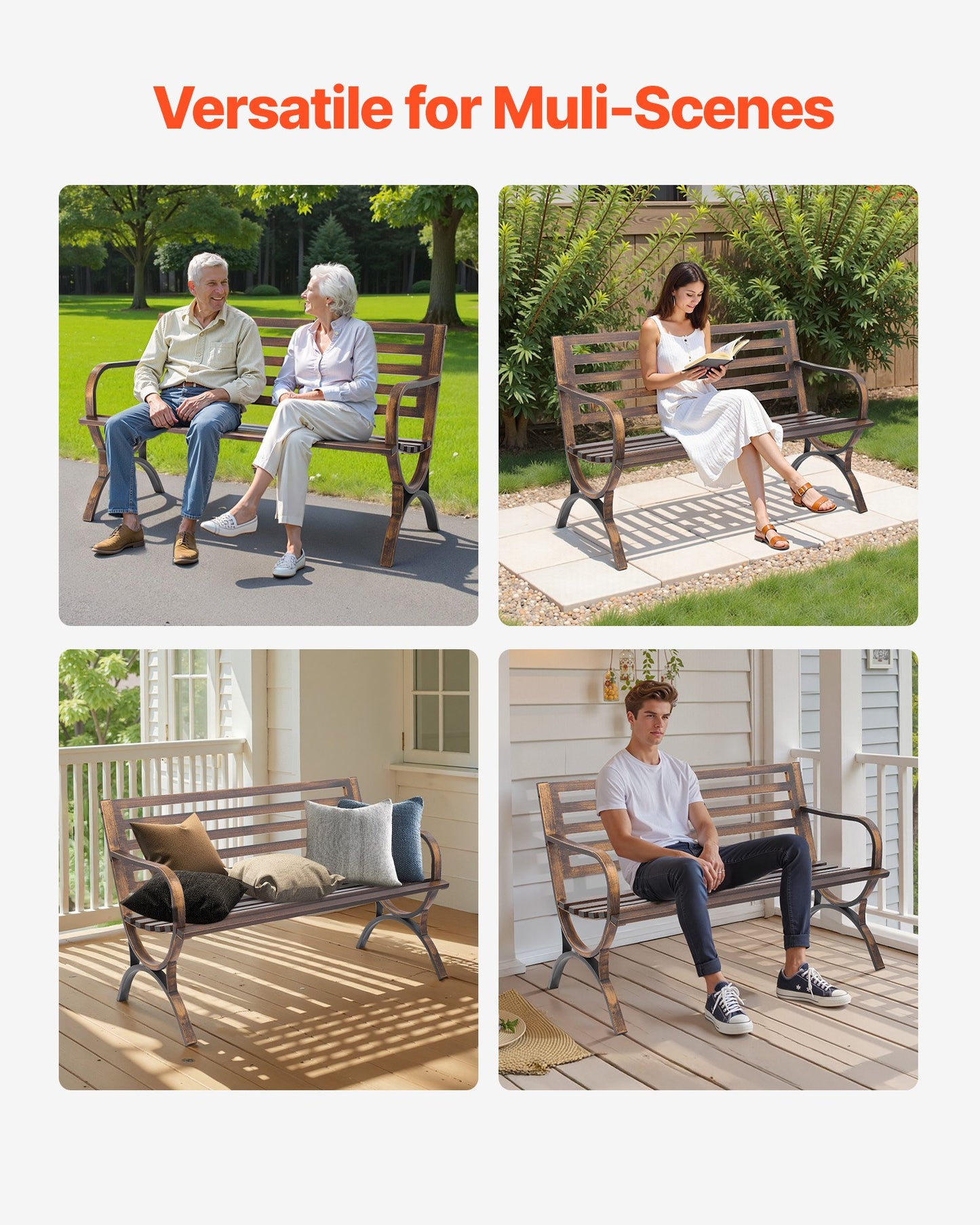 Outdoor Bench, 127 cm, Carbon Steel Metal Frame with Slatted Pattern Backrest and Round Edge Armrests, Weatherproof Outside Bench for Patio, Garden, Park, Yard, Front Porch, Antique Bronze