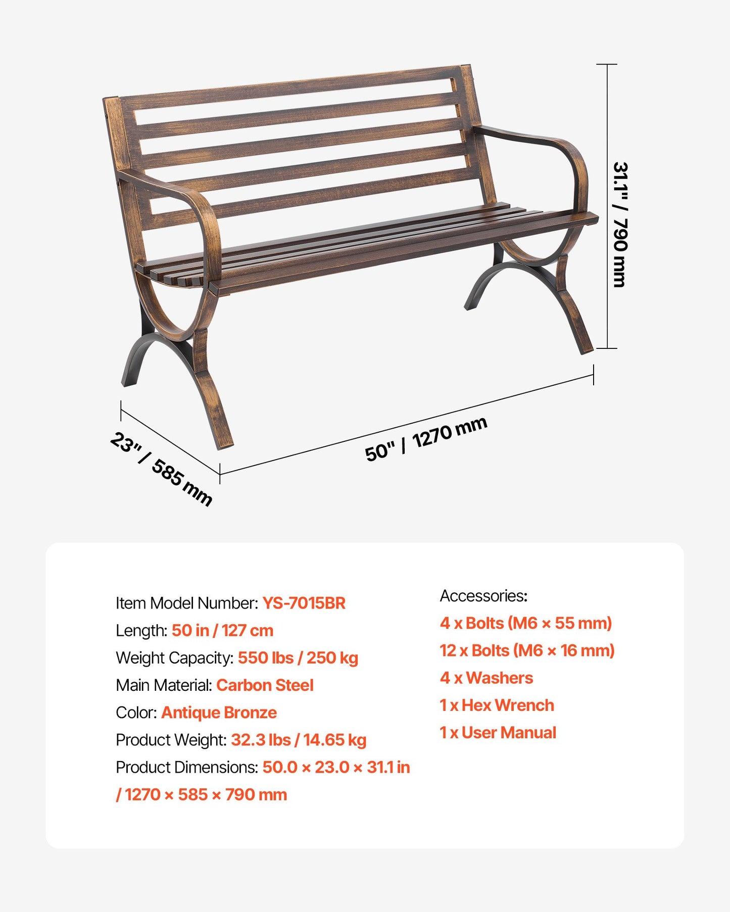 Outdoor Bench, 127 cm, Carbon Steel Metal Frame with Slatted Pattern Backrest and Round Edge Armrests, Weatherproof Outside Bench for Patio, Garden, Park, Yard, Front Porch, Antique Bronze