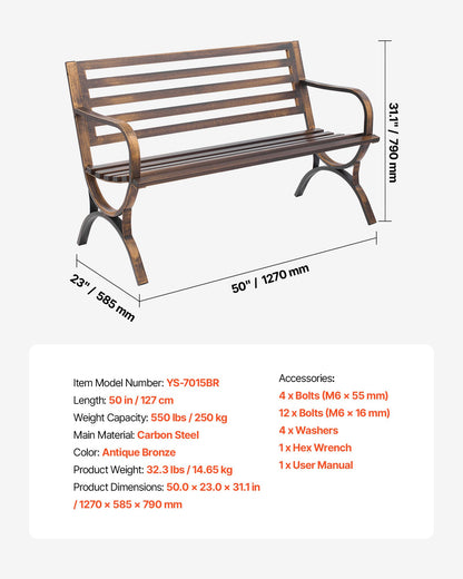 Outdoor Bench, 127 cm, Carbon Steel Metal Frame with Slatted Pattern Backrest and Round Edge Armrests, Weatherproof Outside Bench for Patio, Garden, Park, Yard, Front Porch, Antique Bronze