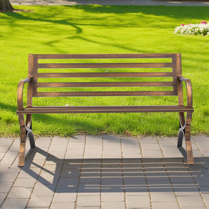 Outdoor Bench, 127 cm, Carbon Steel Metal Frame with Slatted Pattern Backrest and Round Edge Armrests, Weatherproof Outside Bench for Patio, Garden, Park, Yard, Front Porch, Antique Bronze