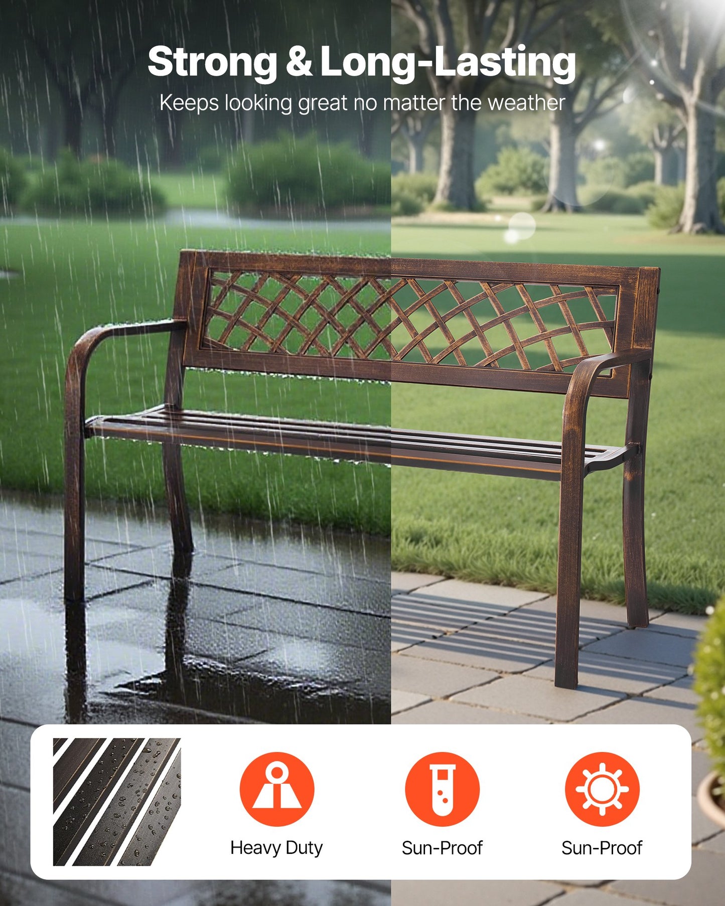 Outdoor Bench, 116 cm, Carbon Steel Metal Frame with PVC Mesh Pattern Backrest and Round Edge Armrests, Weatherproof Outside Bench for Patio, Garden, Park, Yard, Front Porch, Antique Bronze