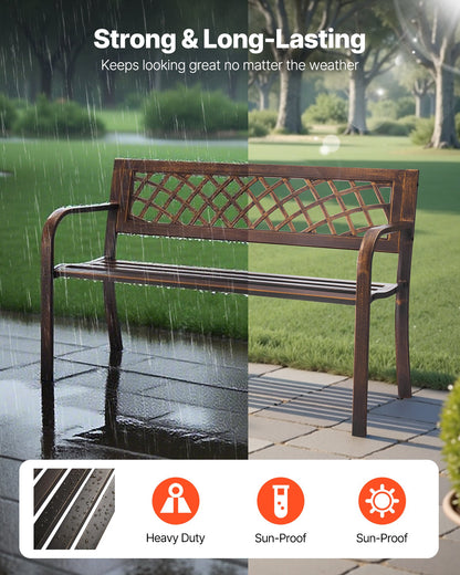 Outdoor Bench, 116 cm, Carbon Steel Metal Frame with PVC Mesh Pattern Backrest and Round Edge Armrests, Weatherproof Outside Bench for Patio, Garden, Park, Yard, Front Porch, Antique Bronze