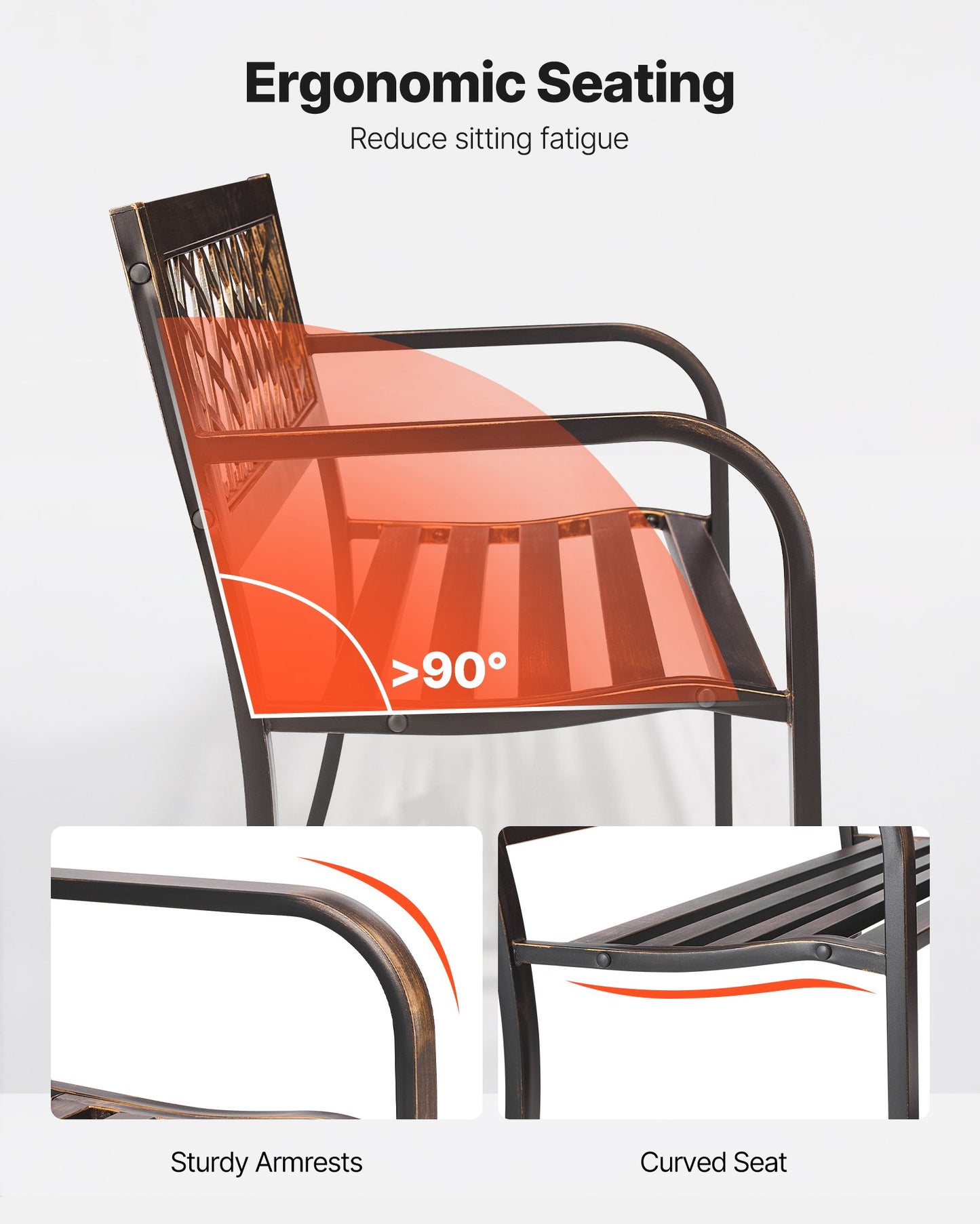 Outdoor Bench, 116 cm, Carbon Steel Metal Frame with PVC Mesh Pattern Backrest and Round Edge Armrests, Weatherproof Outside Bench for Patio, Garden, Park, Yard, Front Porch, Antique Bronze