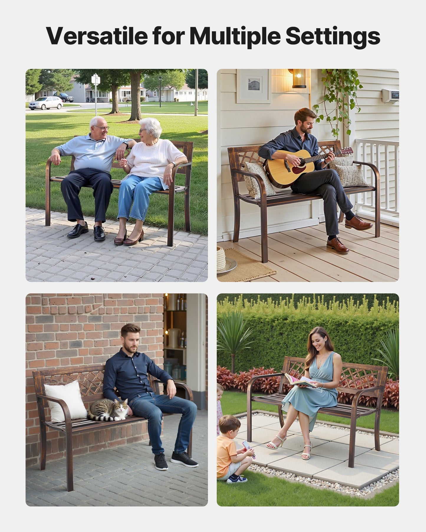 Outdoor Bench, 116 cm, Carbon Steel Metal Frame with PVC Mesh Pattern Backrest and Round Edge Armrests, Weatherproof Outside Bench for Patio, Garden, Park, Yard, Front Porch, Antique Bronze