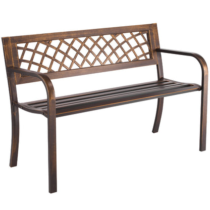 Outdoor Bench, 116 cm, Carbon Steel Metal Frame with PVC Mesh Pattern Backrest and Round Edge Armrests, Weatherproof Outside Bench for Patio, Garden, Park, Yard, Front Porch, Antique Bronze