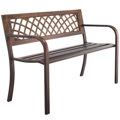 Outdoor Bench, 116 cm, Carbon Steel Metal Frame with PVC Mesh Pattern Backrest and Round Edge Armrests, Weatherproof Outside Bench for Patio, Garden, Park, Yard, Front Porch, Antique Bronze