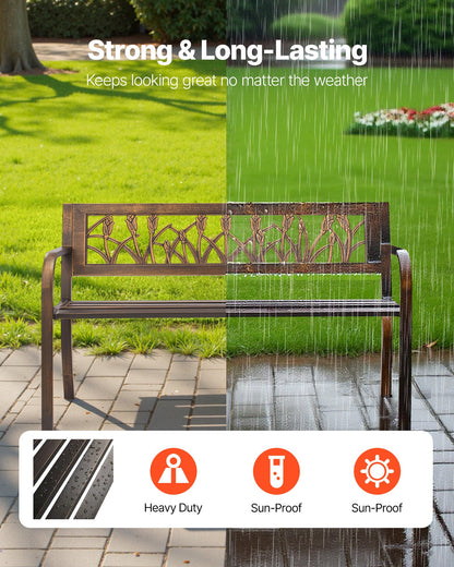 Outdoor Bench, 127 cm, Carbon Steel Metal Frame with PVC Floral Pattern Backrest and Round Edge Armrests, Weatherproof Outside Bench for Patio, Garden, Park, Yard, Front Porch, Antique Bronze