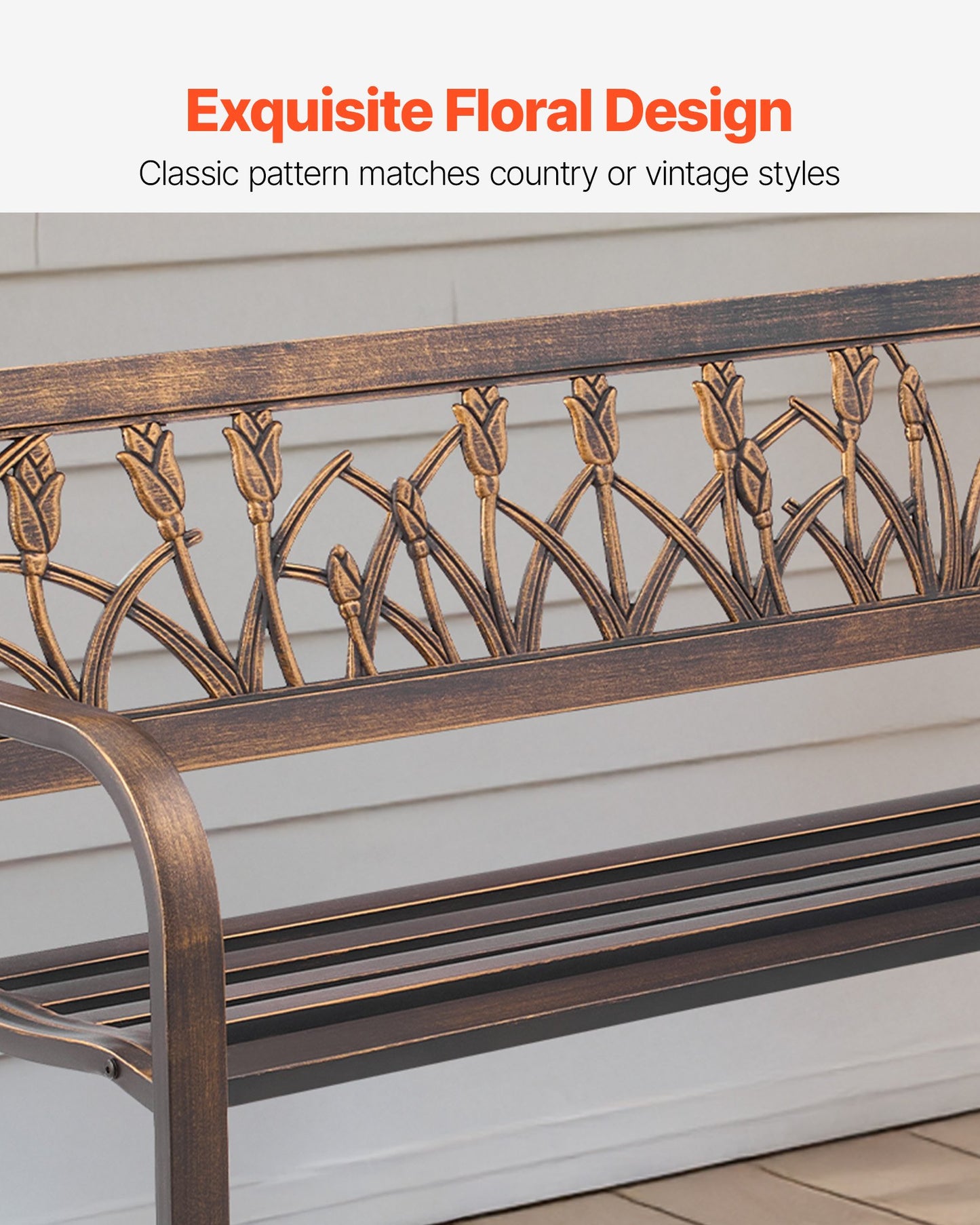 Outdoor Bench, 127 cm, Carbon Steel Metal Frame with PVC Floral Pattern Backrest and Round Edge Armrests, Weatherproof Outside Bench for Patio, Garden, Park, Yard, Front Porch, Antique Bronze