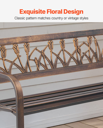Outdoor Bench, 127 cm, Carbon Steel Metal Frame with PVC Floral Pattern Backrest and Round Edge Armrests, Weatherproof Outside Bench for Patio, Garden, Park, Yard, Front Porch, Antique Bronze