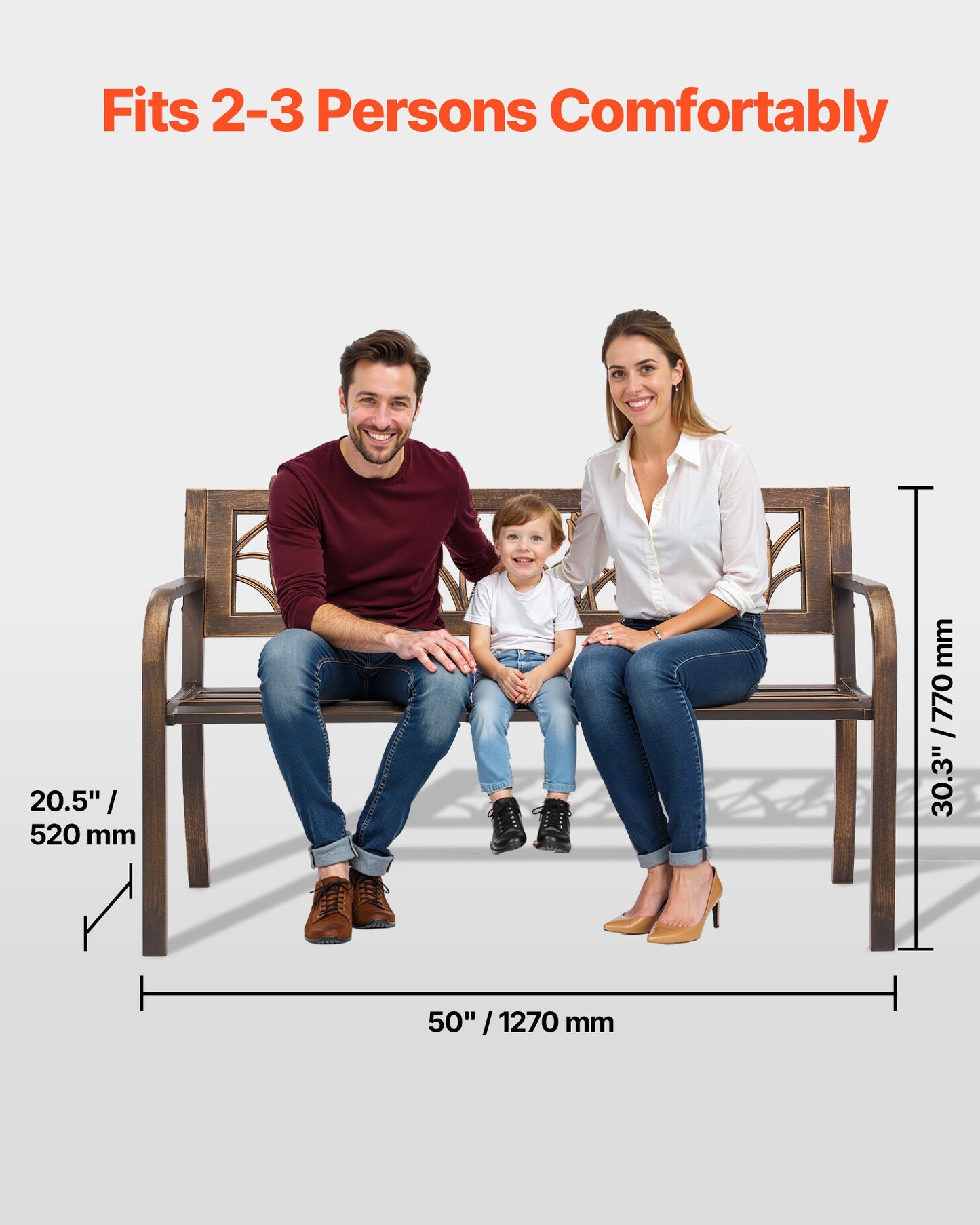 Outdoor Bench, 127 cm, Carbon Steel Metal Frame with PVC Floral Pattern Backrest and Round Edge Armrests, Weatherproof Outside Bench for Patio, Garden, Park, Yard, Front Porch, Antique Bronze