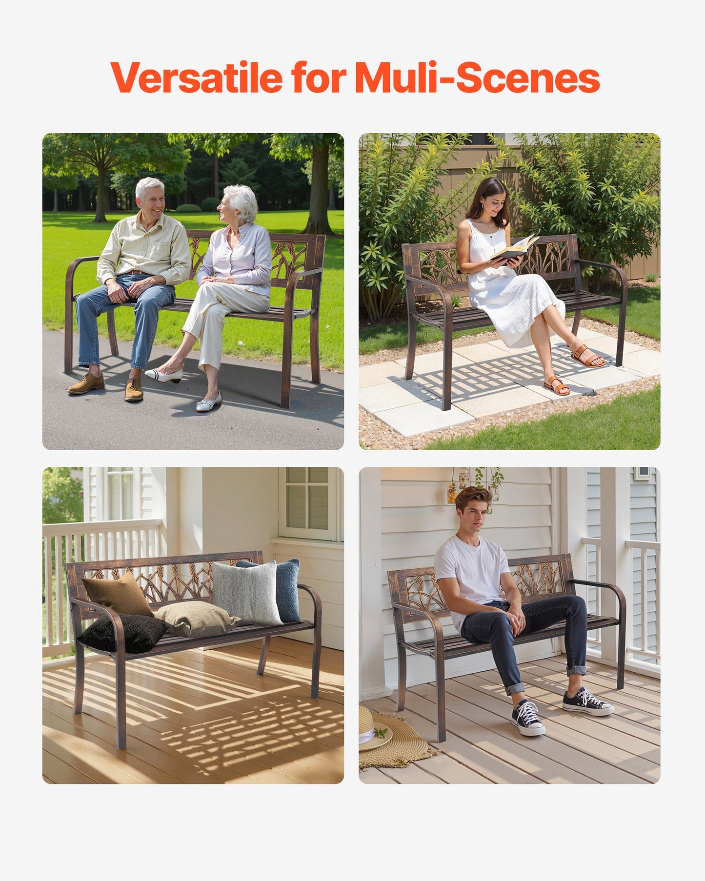 Outdoor Bench, 127 cm, Carbon Steel Metal Frame with PVC Floral Pattern Backrest and Round Edge Armrests, Weatherproof Outside Bench for Patio, Garden, Park, Yard, Front Porch, Antique Bronze