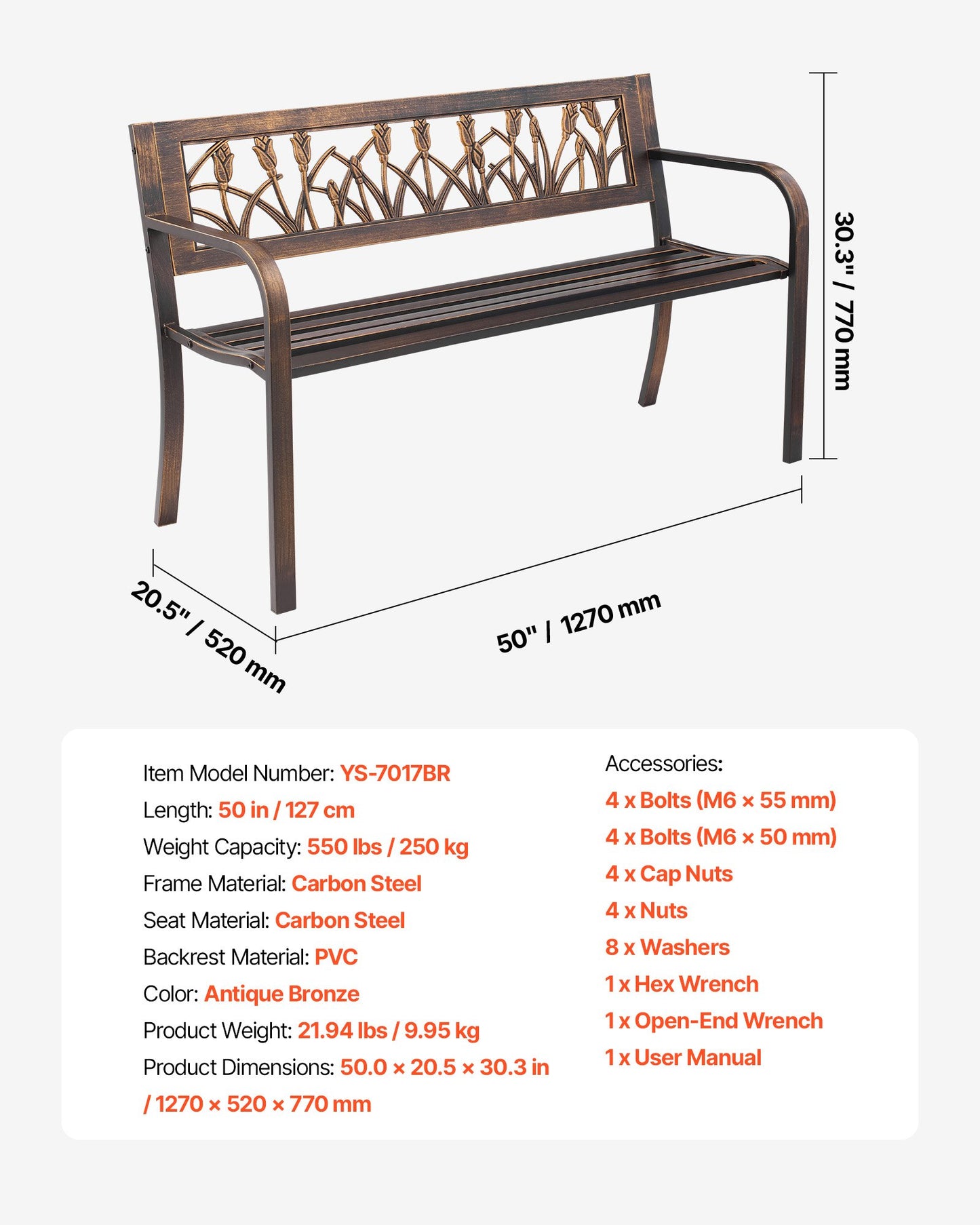 Outdoor Bench, 127 cm, Carbon Steel Metal Frame with PVC Floral Pattern Backrest and Round Edge Armrests, Weatherproof Outside Bench for Patio, Garden, Park, Yard, Front Porch, Antique Bronze