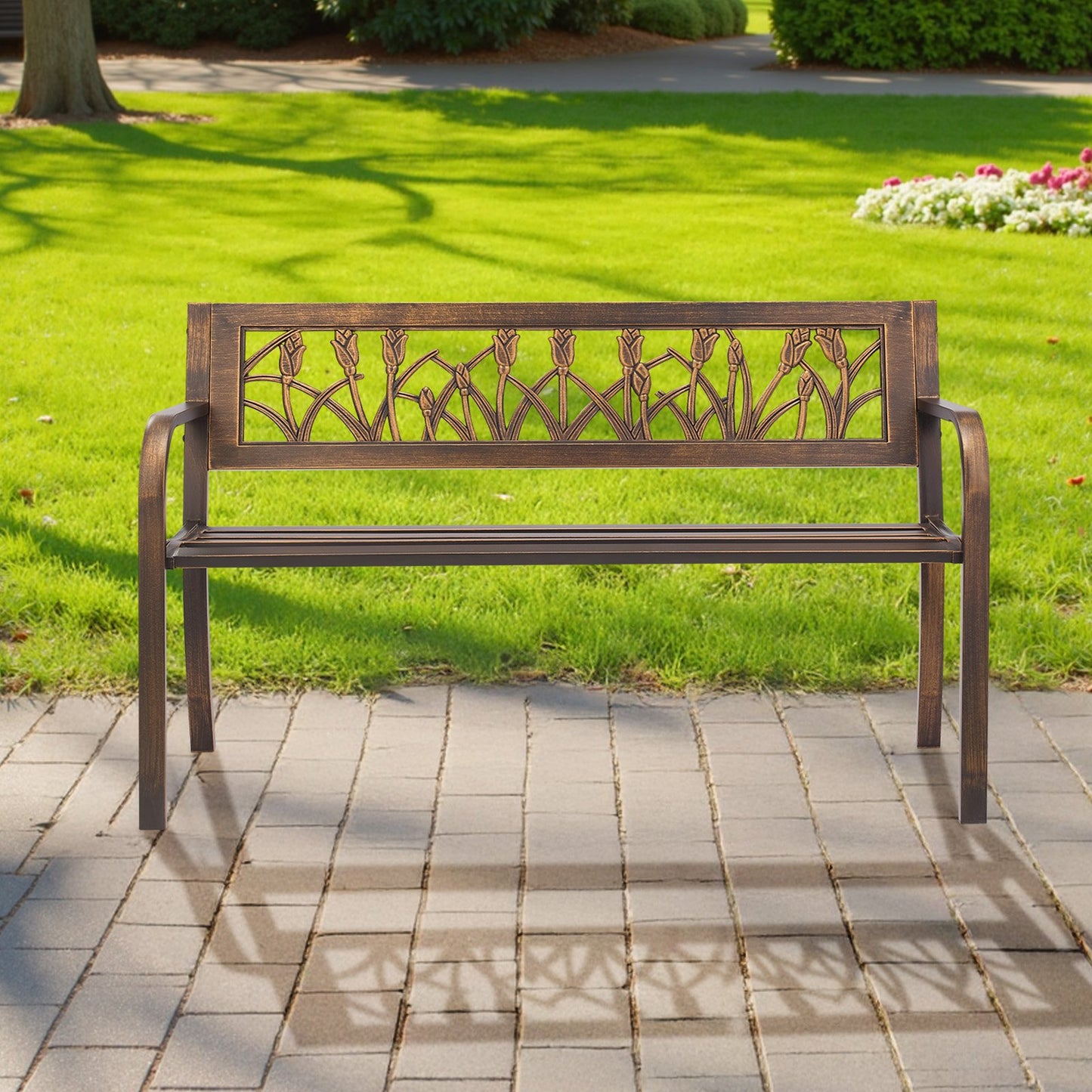 Outdoor Bench, 127 cm, Carbon Steel Metal Frame with PVC Floral Pattern Backrest and Round Edge Armrests, Weatherproof Outside Bench for Patio, Garden, Park, Yard, Front Porch, Antique Bronze