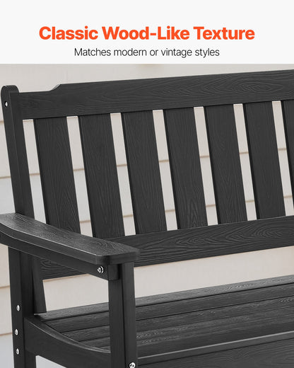 Outdoor Bench, 128 cm, 363 kg Weight Capacity for 2-3 Persons, Weatherproof Plastic Frame with Backrest and Wide Armrests, Outside Bench for Patio, Garden, Park, Yard, Front Porch, Black
