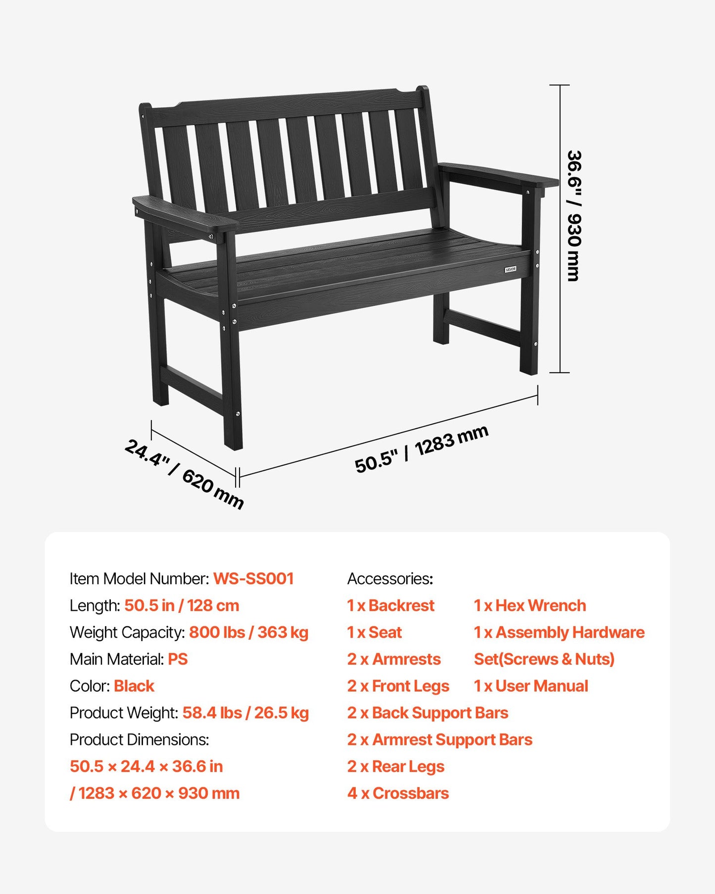 Outdoor Bench, 128 cm, 363 kg Weight Capacity for 2-3 Persons, Weatherproof Plastic Frame with Backrest and Wide Armrests, Outside Bench for Patio, Garden, Park, Yard, Front Porch, Black