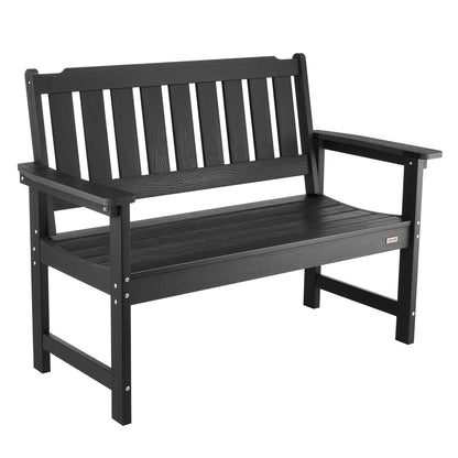 Outdoor Bench, 128 cm, 363 kg Weight Capacity for 2-3 Persons, Weatherproof Plastic Frame with Backrest and Wide Armrests, Outside Bench for Patio, Garden, Park, Yard, Front Porch, Black