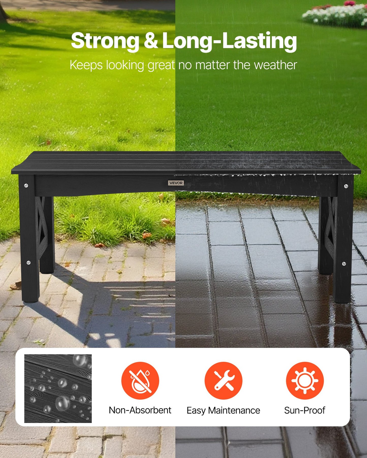 Outdoor Bench, 113 cm, 272 kg Weight Capacity, Weatherproof Plastic Frame with Adjustable Level Footpads and Thick Leg, Outside Bench for Patio, Garden, Park, Yard, Front Porch, Black