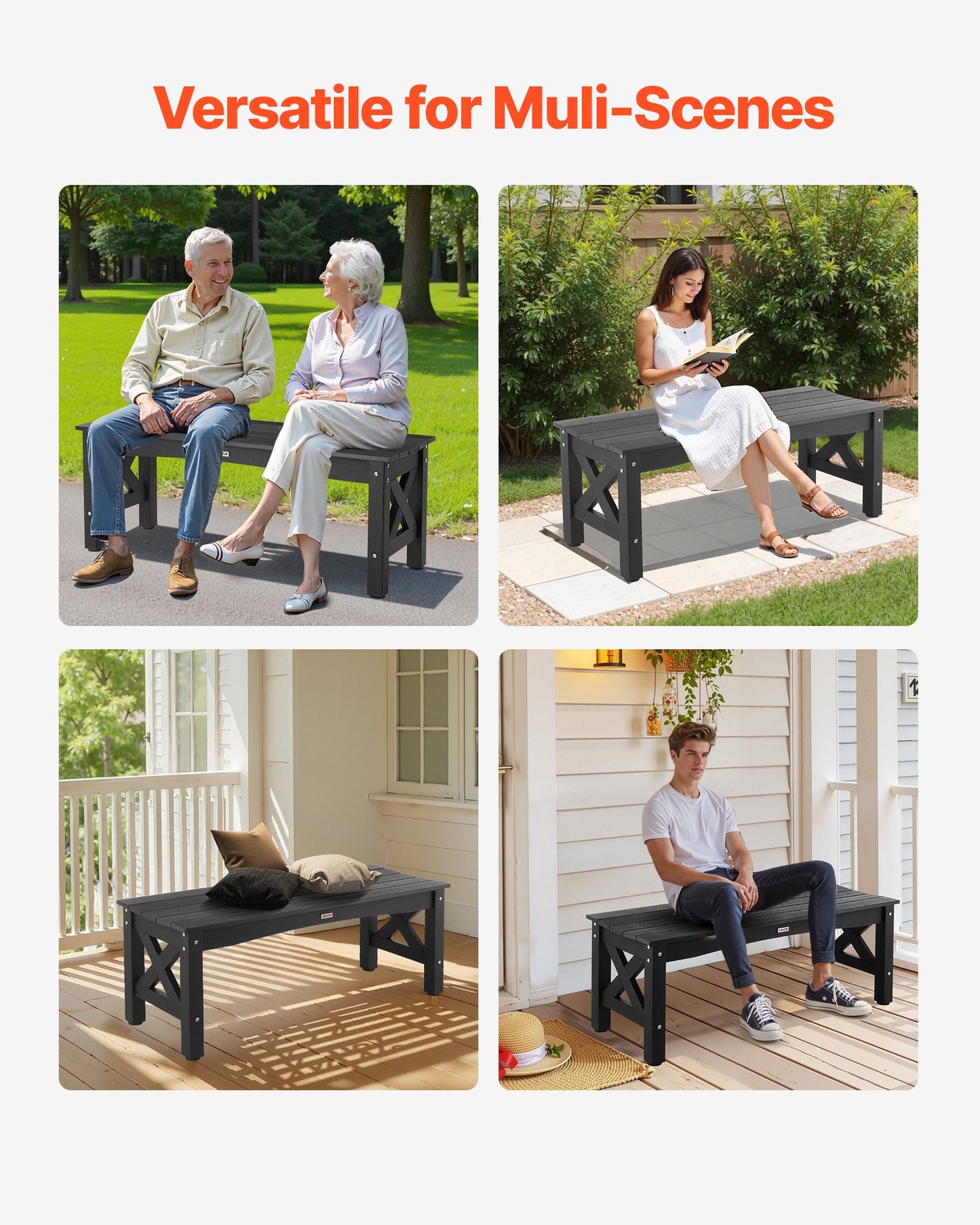 Outdoor Bench, 113 cm, 272 kg Weight Capacity, Weatherproof Plastic Frame with Adjustable Level Footpads and Thick Leg, Outside Bench for Patio, Garden, Park, Yard, Front Porch, Black