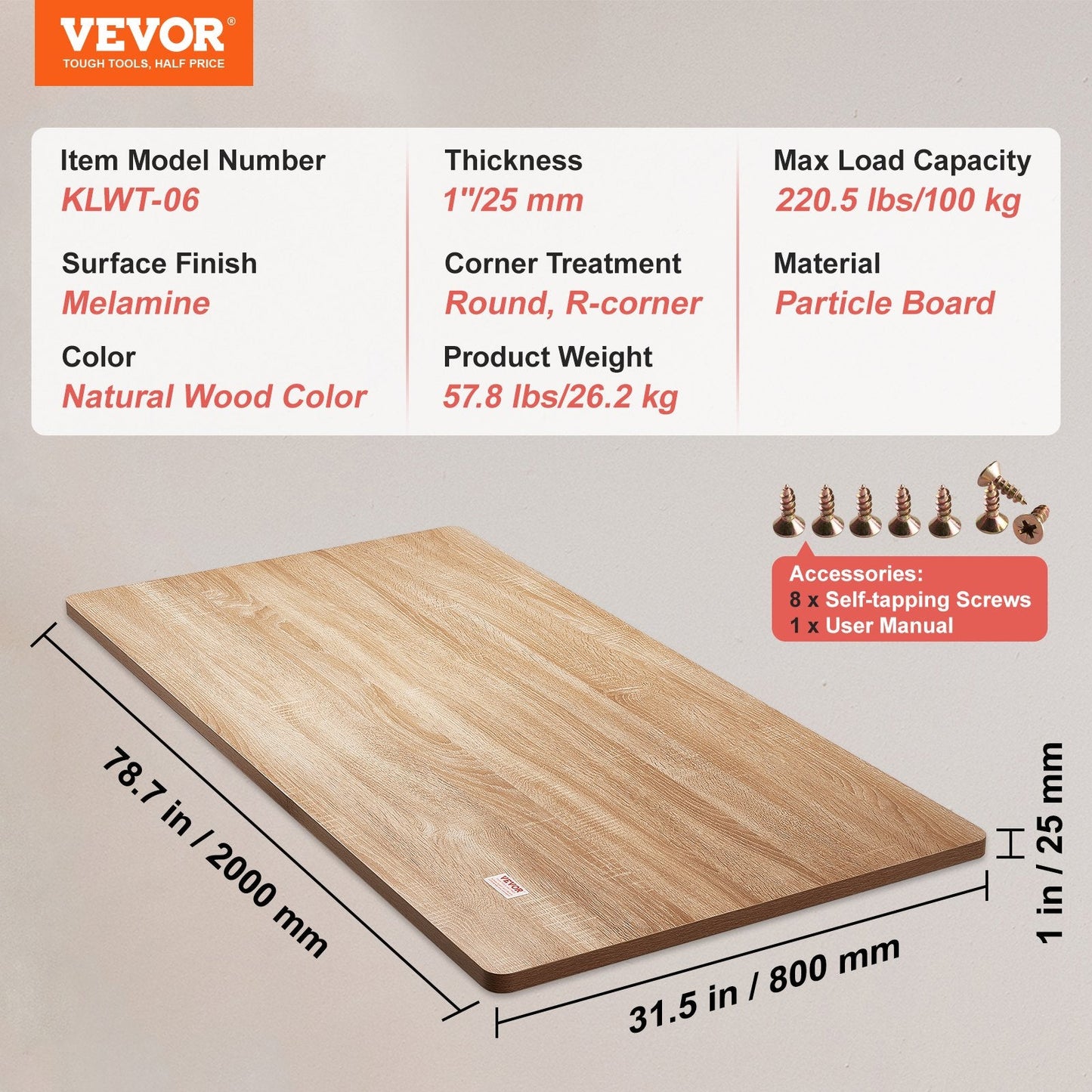 Universal One-Piece Particle Board Desktop, 2000x800 mm, 100 kg Capacity