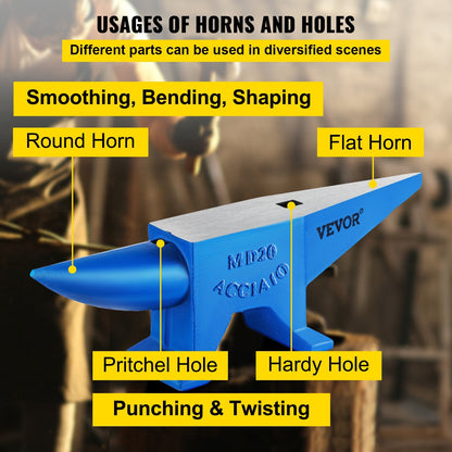 Steel Single Horn Anvil for Blacksmiths - 20kg Cast Steel with Hardy Hole
