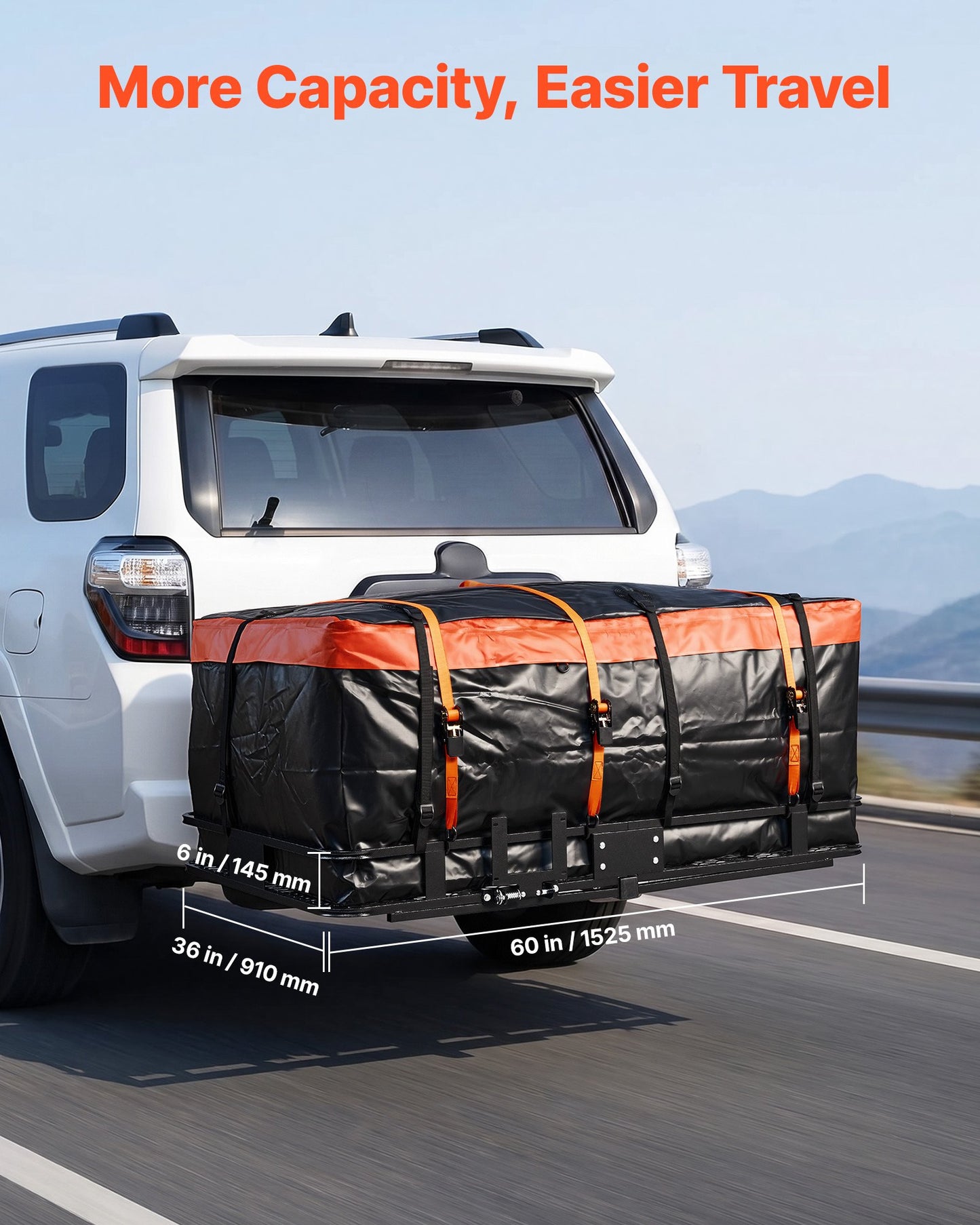 Hitch Mount Cargo Carrier, 1460 x 860 x 650 mm Folding Rear Luggage Rack Basket with Waterproof Cargo Bag, 227kg Capacity High-Strength Steel Hitch Cargo Carrier Fits 2" Receiver for SUV Pickups