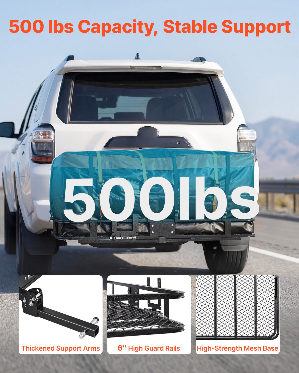 Hitch Mount Cargo Carrier, 1460 x 860 x 650 mm Folding Rear Luggage Rack Basket with Waterproof Cargo Bag, 227kg Capacity High-Strength Steel Hitch Cargo Carrier Fits 2" Receiver for SUV Pickups